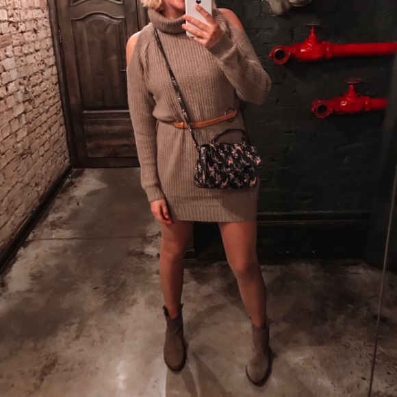 Tan Cold Shoulder Knit Turtleneck Sweater Dress - Picture 3 of 7